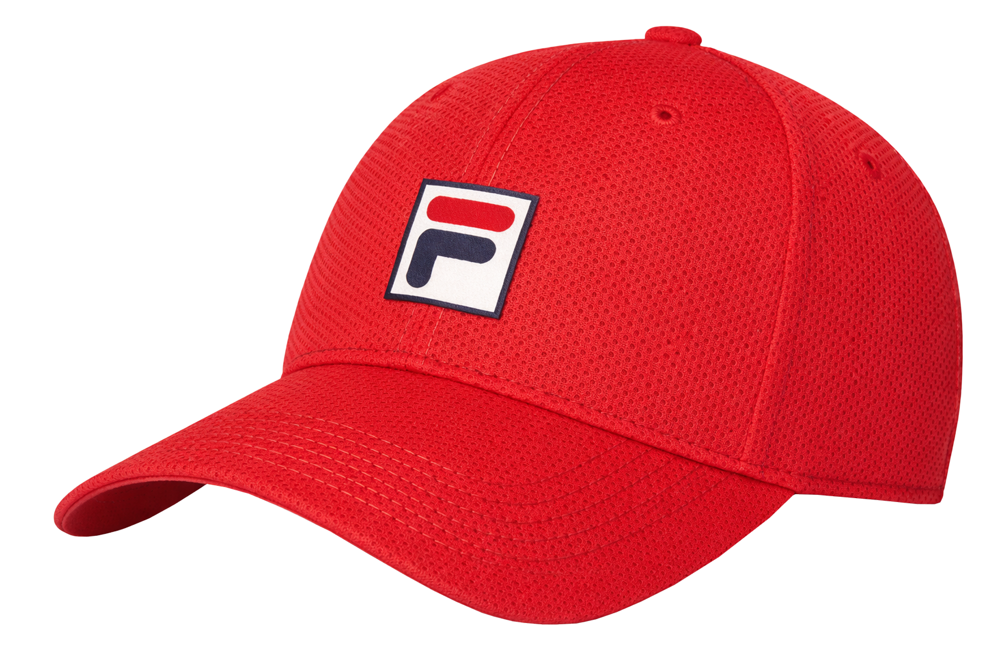 Baseballkappe, Rote Kappe, Mesh-Kappe, Logo-Patch, Vulknopf?